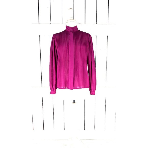 Vintage Chaus fuchsia  sheer billowy long sleeve button down blouse - Picture 1 of 5